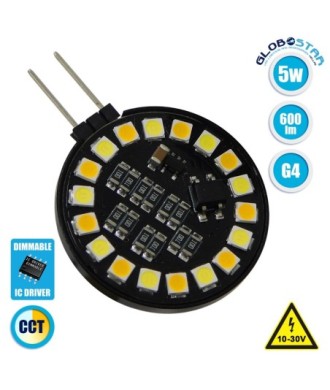 GLOBOSTAR® G4SIDE 76110 Λάμπα G4 LED 3W 300lm 120° DC 12V IP20 Ρυθμιζόμενο Λευκό CCT με On-Off 2700K-4500K-6000K - Sanan SMD Chip - Side Pin - Μ3.2 x Π3.2 x Υ0.7cm - 2 Χρόνια Εγγύηση
